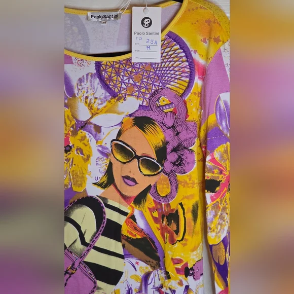 Paolo Santini M Della Vita Multiclrd Lslv Pop art Floral Print Women's T-shirt - Picture 4 of 12